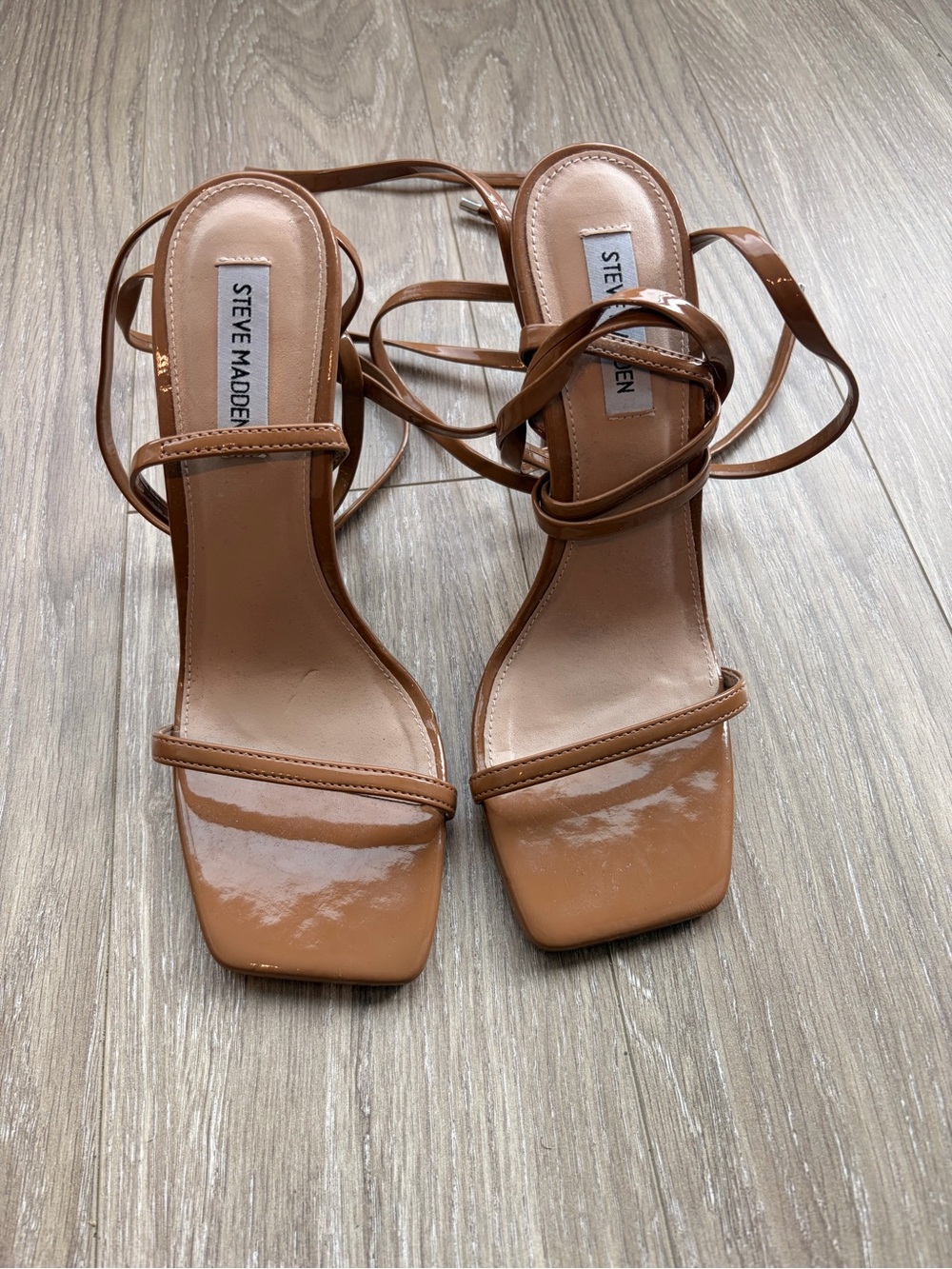 Steve Madden Tan Patent Strappy Square-Toe Heels